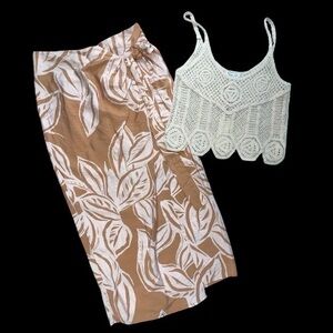 Rachel Zoe Cream Crochet Cami w/ Leaf Print Pumpkin Color Wrap Skirt, NWT, Small